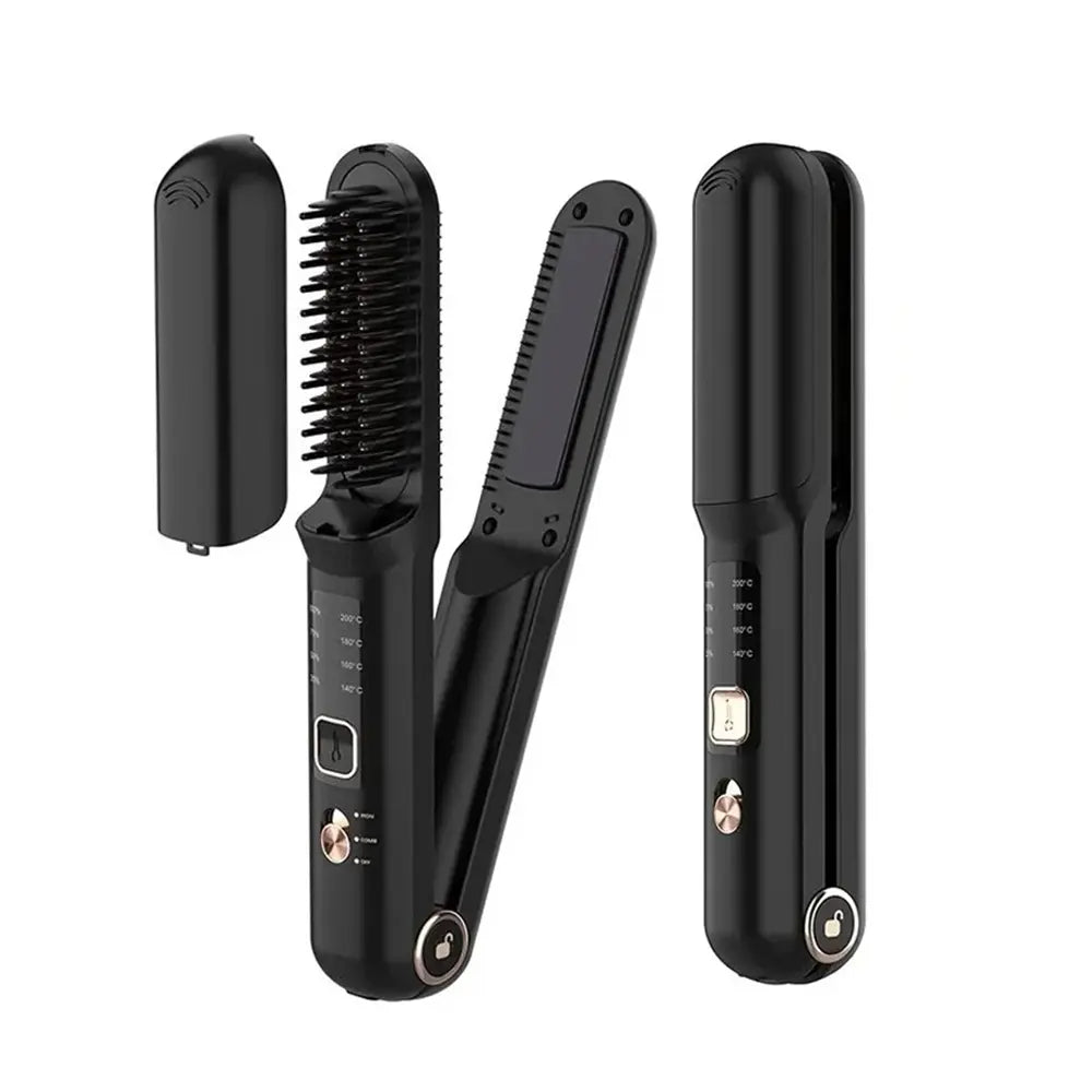 2-in-1 Cordless Hair Straightener Ceramic Coating 4 Temperature Levels USB Type-C Rechargeable