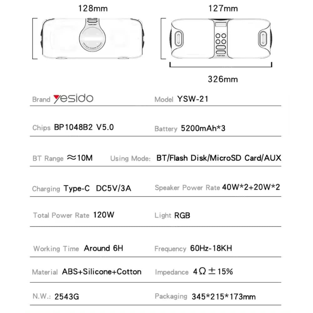 Yesido YSW21 120W Wireless RGB Speaker – IPX6, Bluetooth 5.0, UHF Mic, 4 Speakers, Up to 6H Playtime