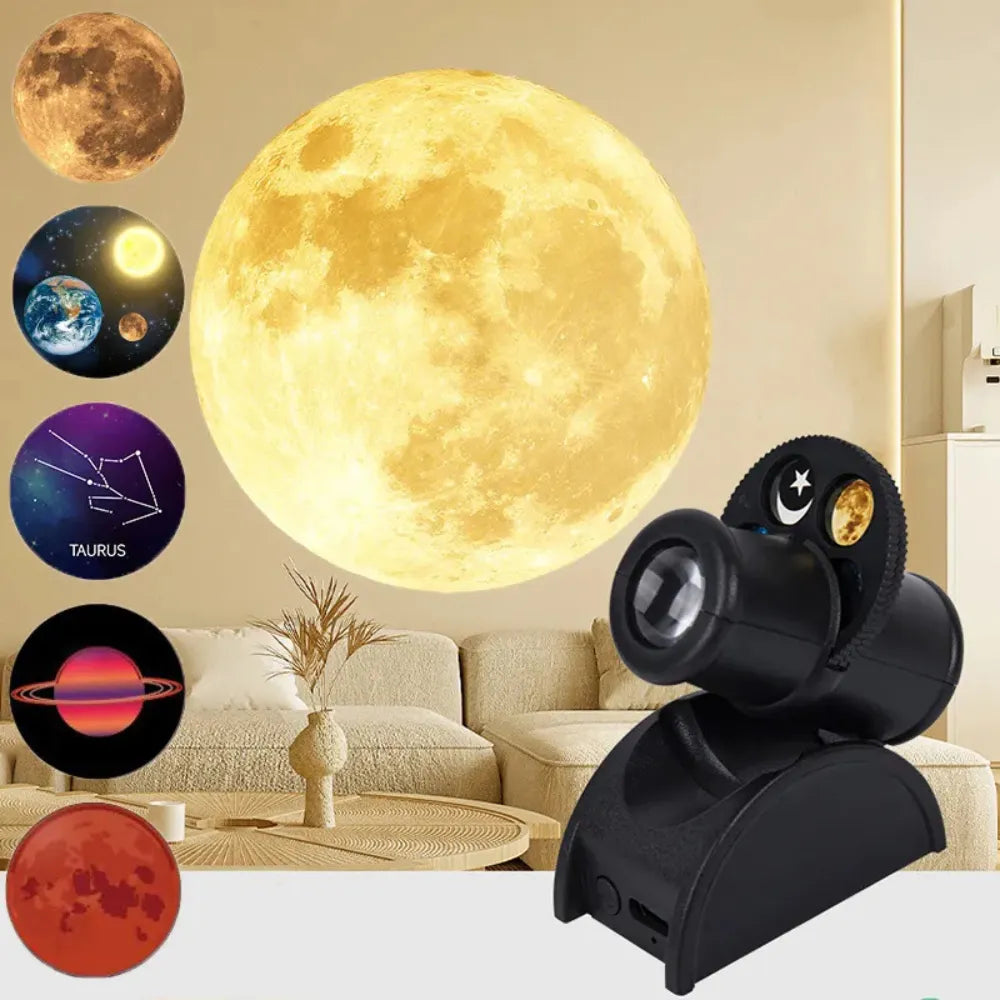 USB Moon Projection Lamp – 5-Scene Planet & Constellation Projector, LED Night Light with Replaceable Cards, DIY Atmosphere Lamp