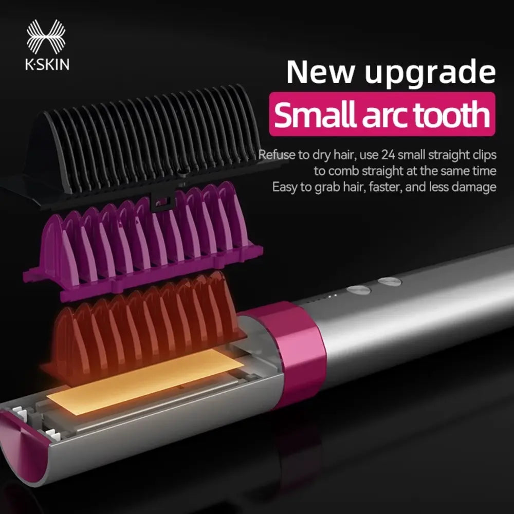 K-Skin KD382 Wireelss 2 in 1 Hair Curler and Straightener Brush PTC With Ceramic Heating Elements Up To 200°C