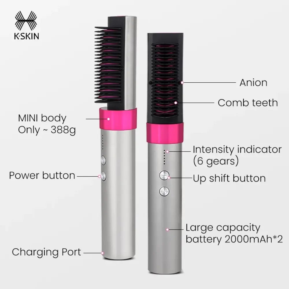 K-Skin KD382 Wireelss 2 in 1 Hair Curler and Straightener Brush PTC With Ceramic Heating Elements Up To 200°C