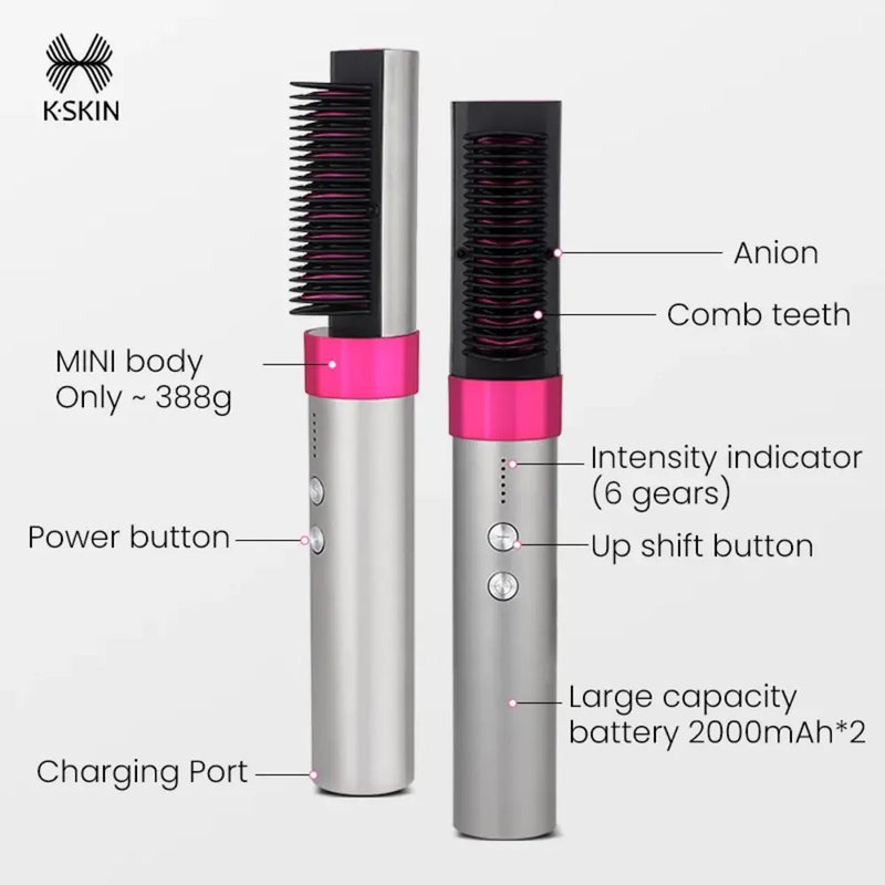 K-Skin KD382 Wireelss 2 in 1 Hair Curler and Straightener Brush PTC With Ceramic Heating Elements Up To 200°C