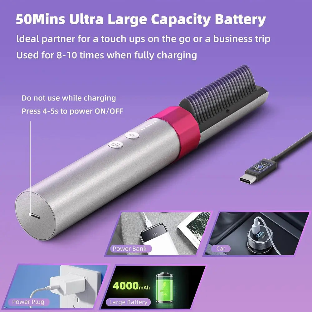 K-Skin KD382 Wireelss 2 in 1 Hair Curler and Straightener Brush PTC With Ceramic Heating Elements Up To 200°C