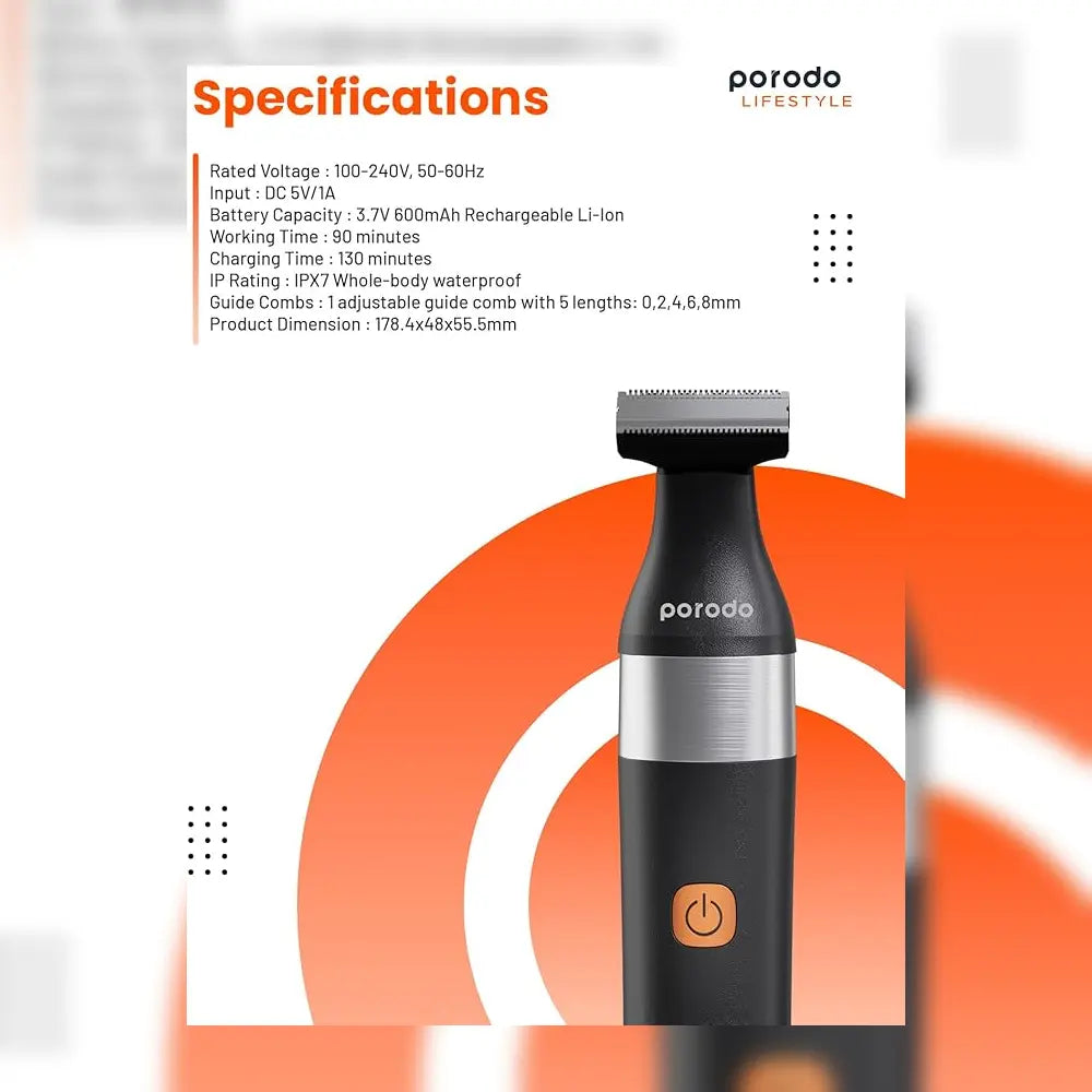 Porodo LifeStyle Dual Blade Beard Trimmer Rechargeable Li-Ion Battery 90 Minutes Working Time Type-C Charging