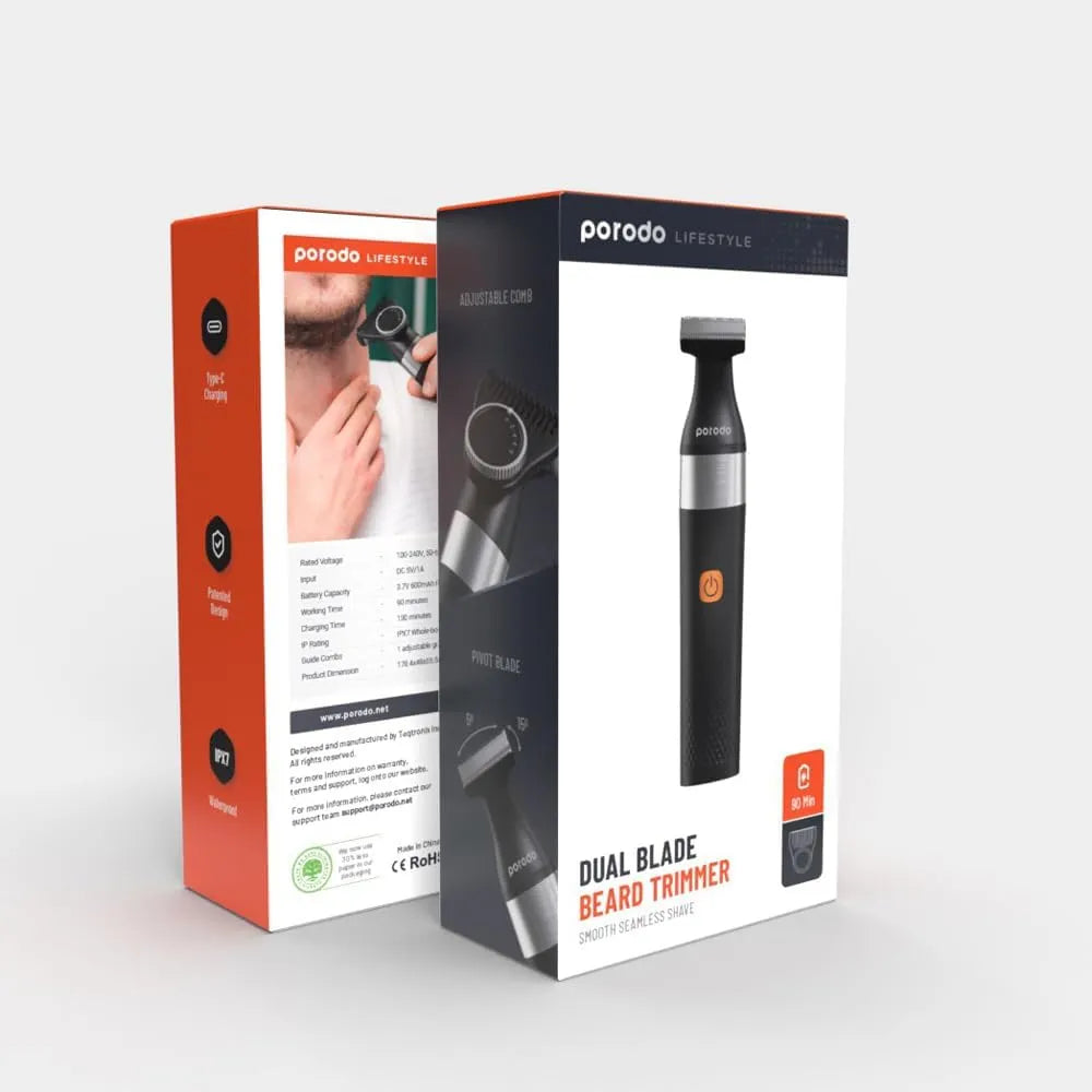 Porodo LifeStyle Dual Blade Beard Trimmer Rechargeable Li-Ion Battery 90 Minutes Working Time Type-C Charging