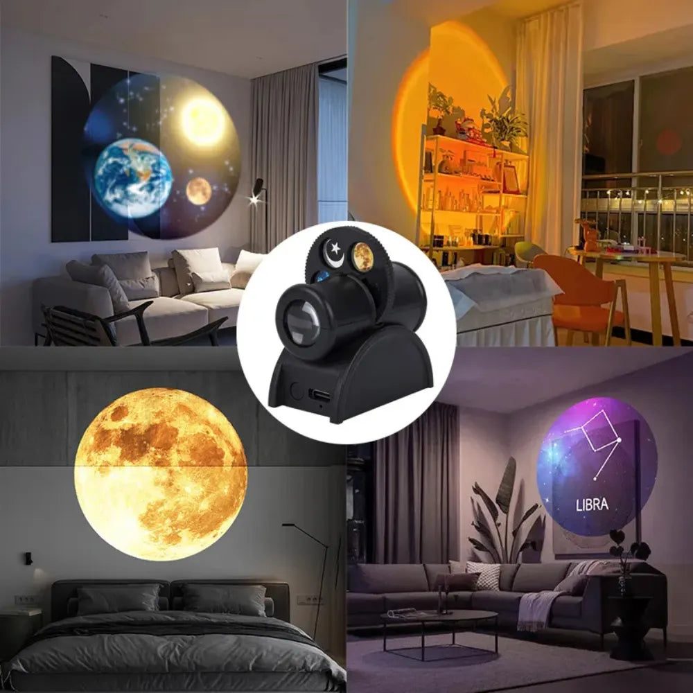 USB Moon Projection Lamp – 5-Scene Planet & Constellation Projector, LED Night Light with Replaceable Cards, DIY Atmosphere Lamp