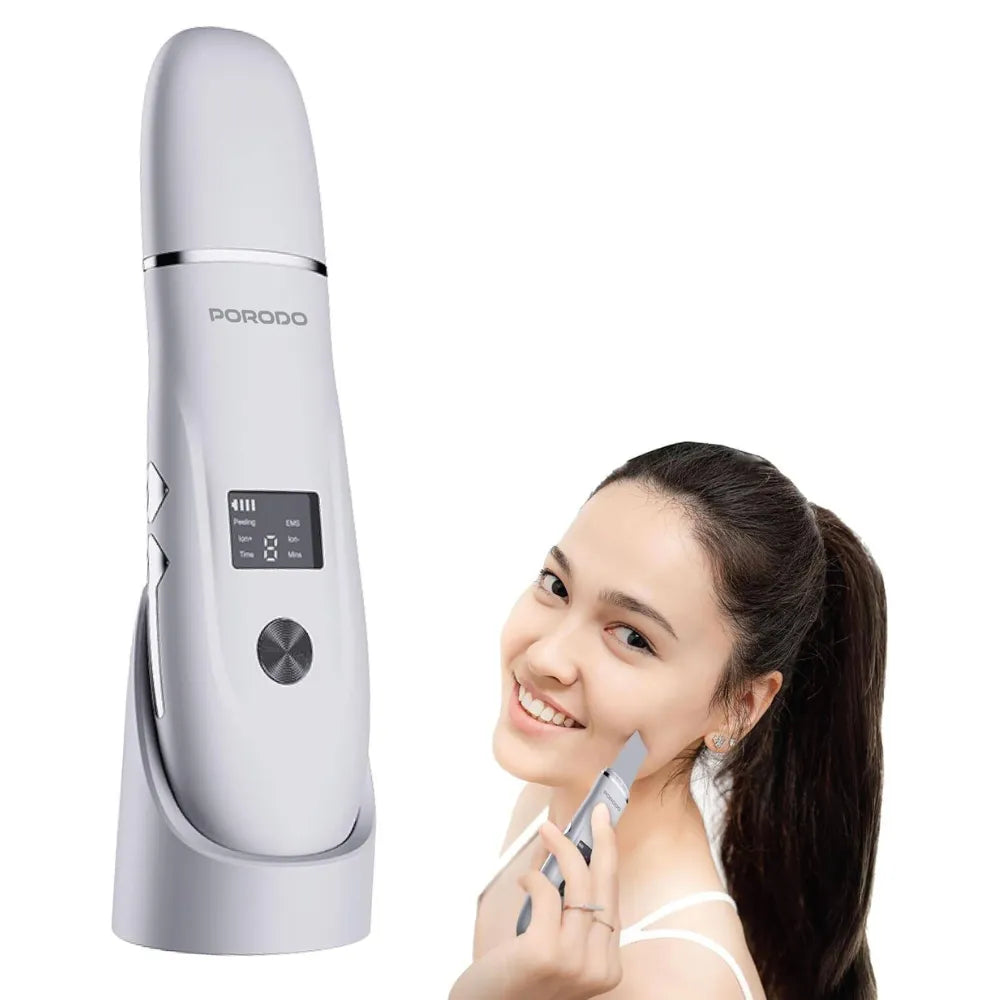 Porodo Lifestyle Ultrasonic Face Scrub & Peeler – 600mAh Battery, USB-C Charging, LED Display, Travel-Friendly – White