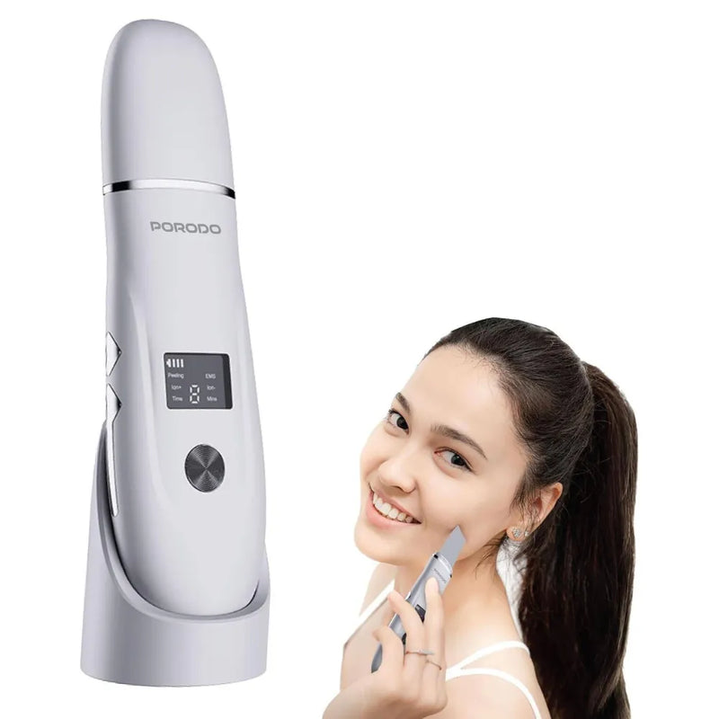 Porodo Lifestyle Ultrasonic Face Scrub & Peeler – 600mAh Battery, USB-C Charging, LED Display, Travel-Friendly – White