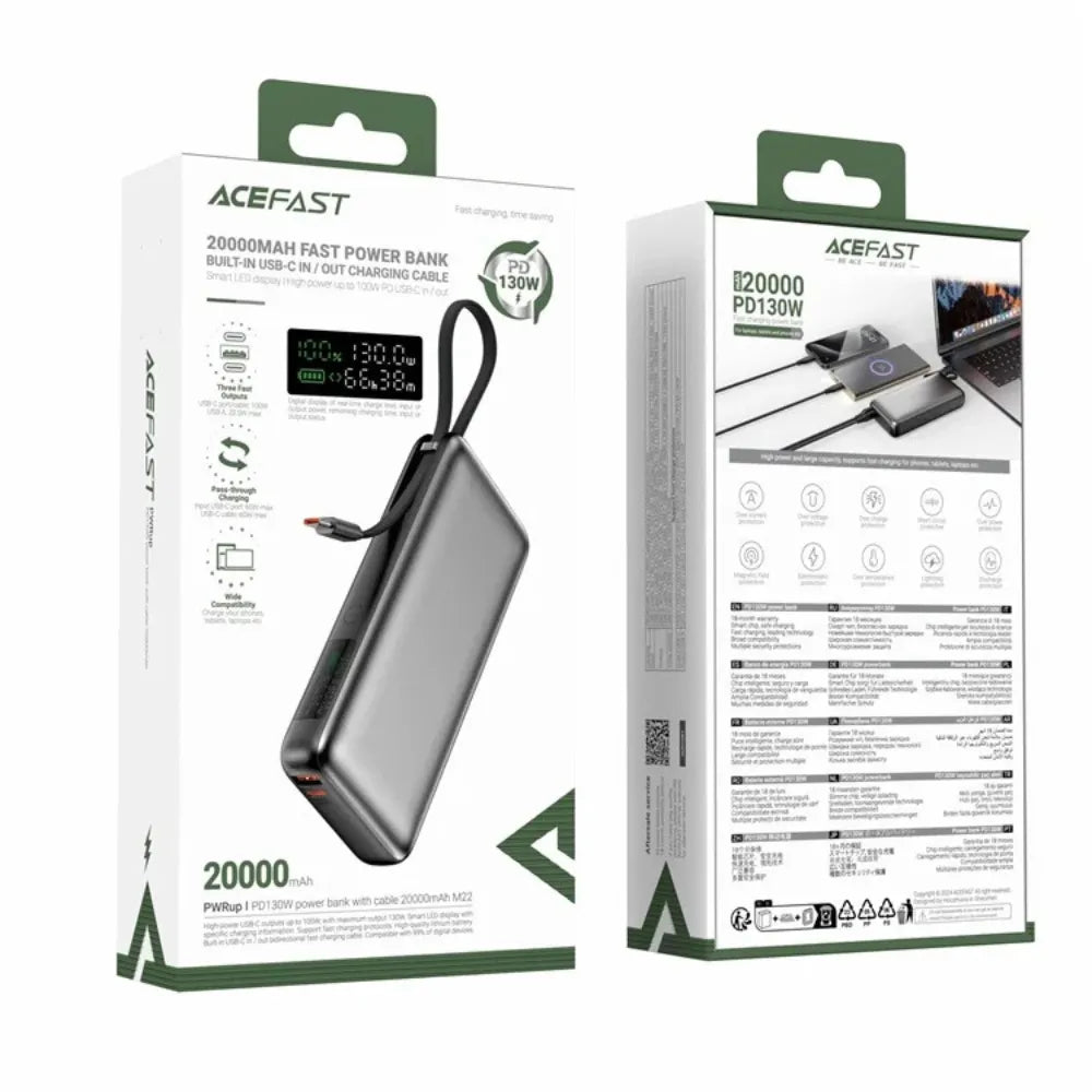 ACEFAST M22 20000mAh PD130W Power Bank with Built-in USB-C Cable – Fast Charging for Laptops, Tablets & Phones, LED Display