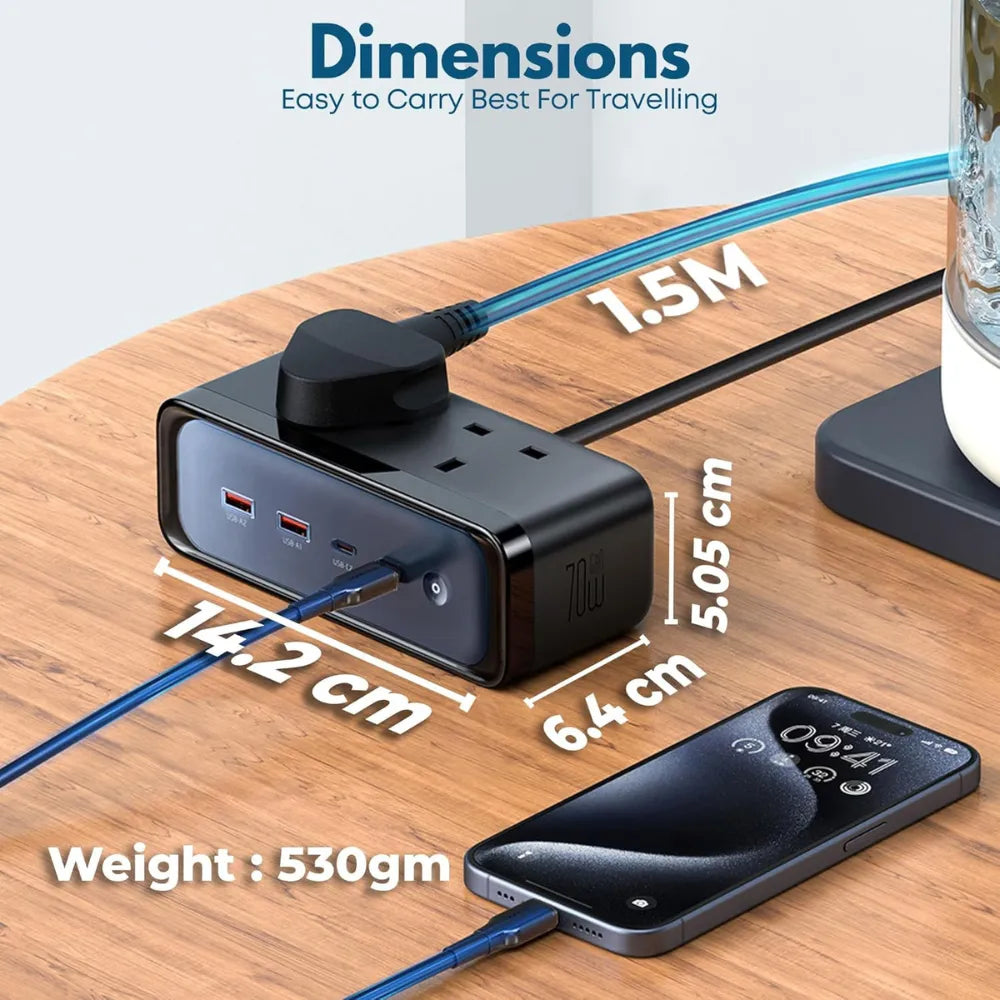 Mcdodo 70W 6-in-1 Power Strip Extension Cord with USB-C – 2 AC Outlets, 2 USB-C (100W), 2 USB-A (18W) – Surge Protection, 1.5M Cable, UK Plug
