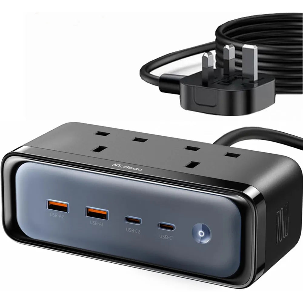 Mcdodo 70W 6-in-1 Power Strip Extension Cord with USB-C – 2 AC Outlets, 2 USB-C (100W), 2 USB-A (18W) – Surge Protection, 1.5M Cable, UK Plug