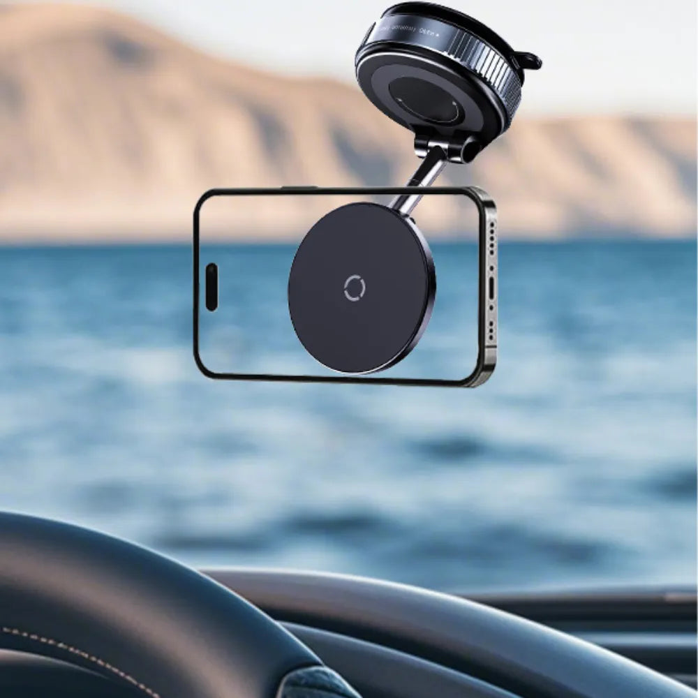 15W Wireless Magnetic Car Phone Holder with Vacuum Suction, 360° Adjustable Mount, Compatible with iPhone 12–16 & Android Phones