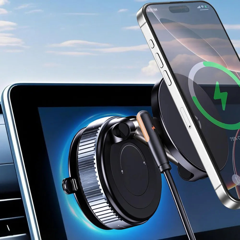 15W Wireless Magnetic Car Phone Holder with Vacuum Suction, 360° Adjustable Mount, Compatible with iPhone 12–16 & Android Phones