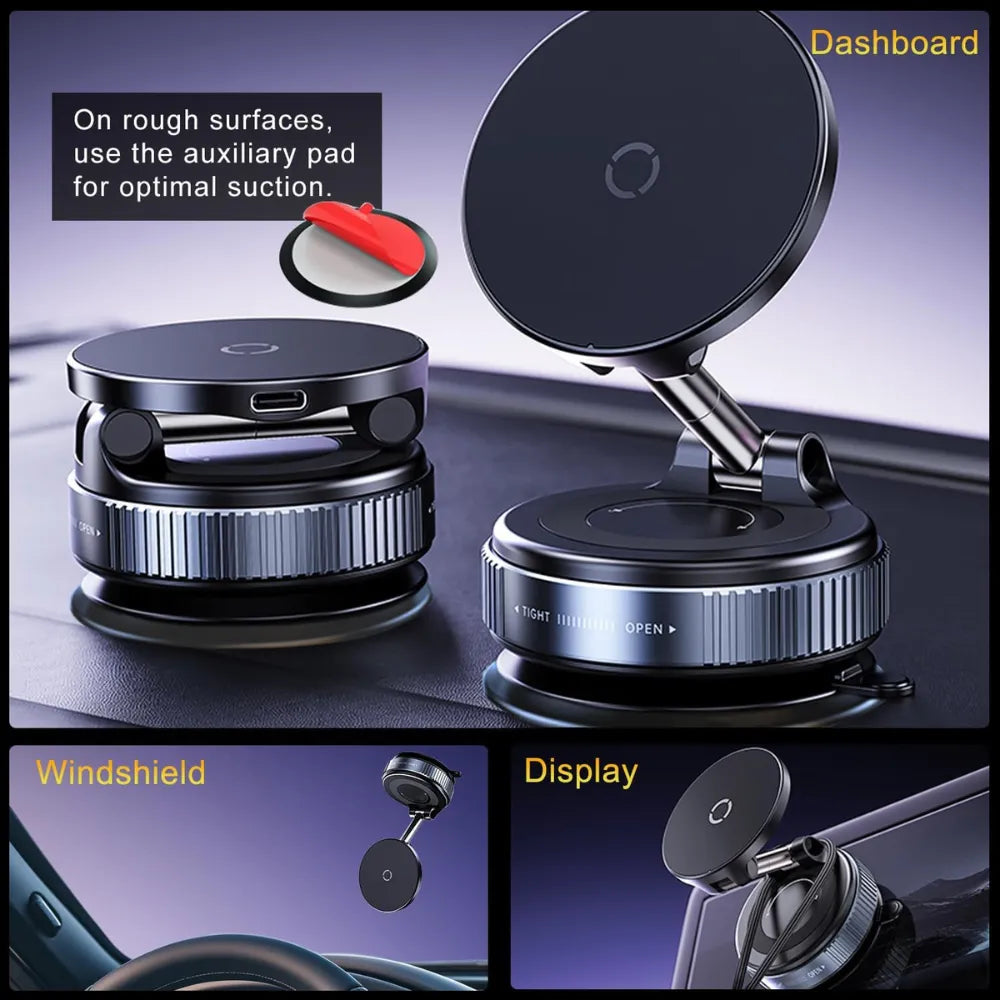 15W Wireless Magnetic Car Phone Holder with Vacuum Suction, 360° Adjustable Mount, Compatible with iPhone 12–16 & Android Phones