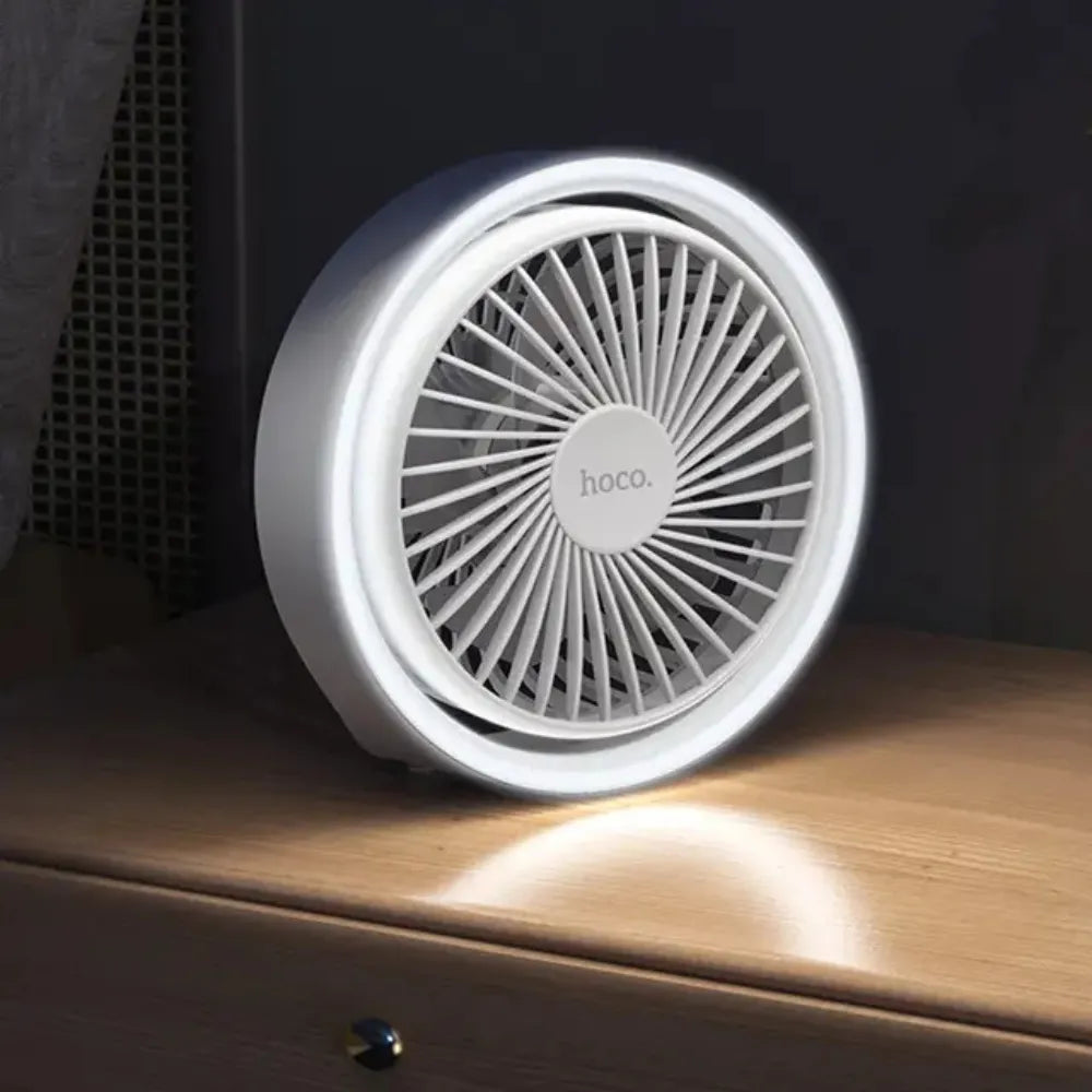 Hoco Compact Circular LED Fan, 1800mAh Rechargeable, 3-Speed Modes + Light Control, USB Charging, 13cm Diameter