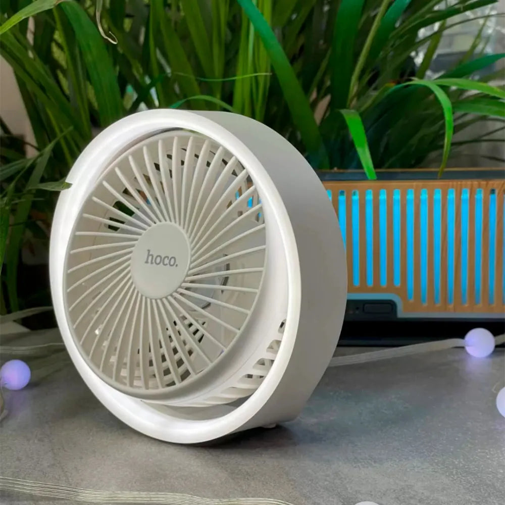 Hoco Compact Circular LED Fan, 1800mAh Rechargeable, 3-Speed Modes + Light Control, USB Charging, 13cm Diameter