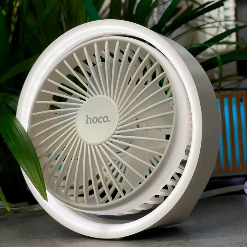 Hoco Compact Circular LED Fan, 1800mAh Rechargeable, 3-Speed Modes + Light Control, USB Charging, 13cm Diameter