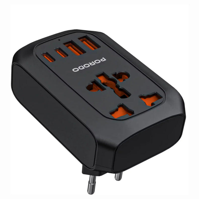 Porodo Universal AC Adapter EU Plug, 2500W Power, 20W USB-C Fast Charging, 4-Port Multi-Device Charging, Black-2