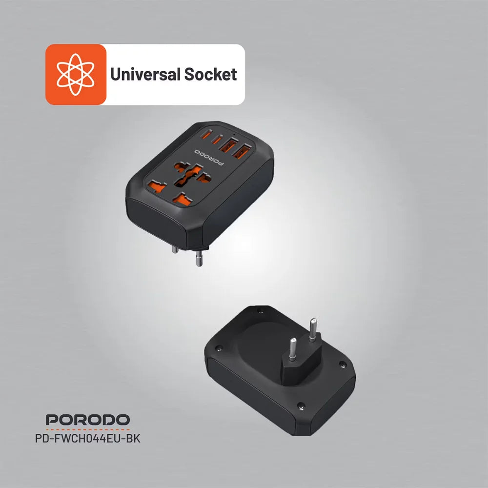 Porodo Universal AC Adapter EU Plug, 2500W Power, 20W USB-C Fast Charging, 4-Port Multi-Device Charging, Black-3