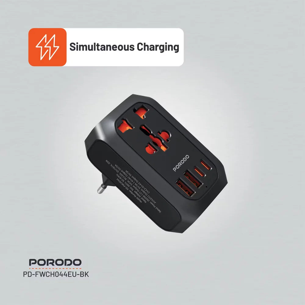 Porodo Universal AC Adapter EU Plug, 2500W Power, 20W USB-C Fast Charging, 4-Port Multi-Device Charging, Black-4
