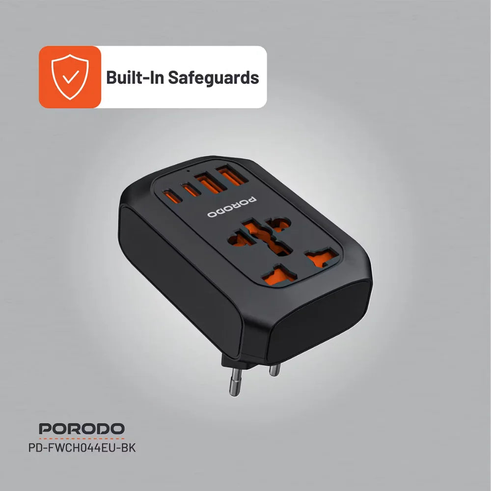 Porodo Universal AC Adapter EU Plug, 2500W Power, 20W USB-C Fast Charging, 4-Port Multi-Device Charging, Black-5