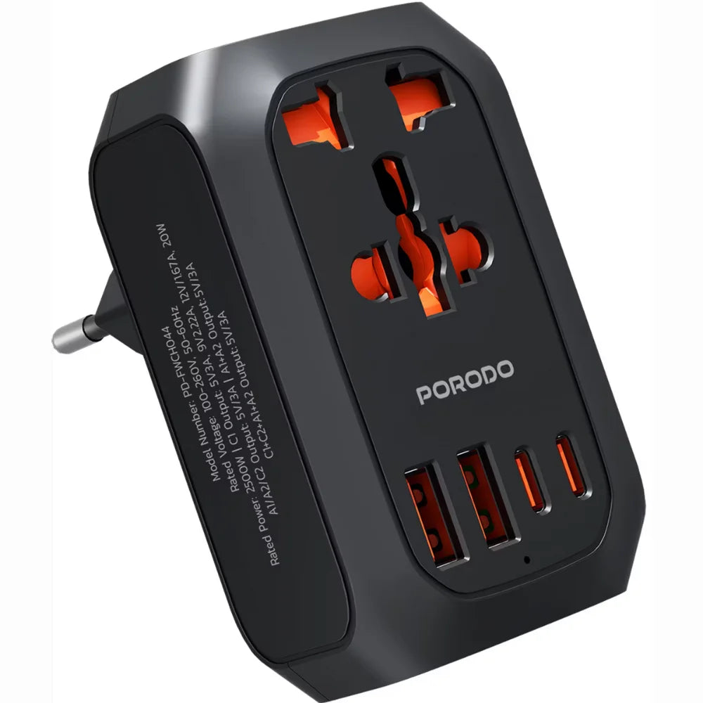 Porodo Universal AC Adapter EU Plug, 2500W Power, 20W USB-C Fast Charging, 4-Port Multi-Device Charging, Black-6