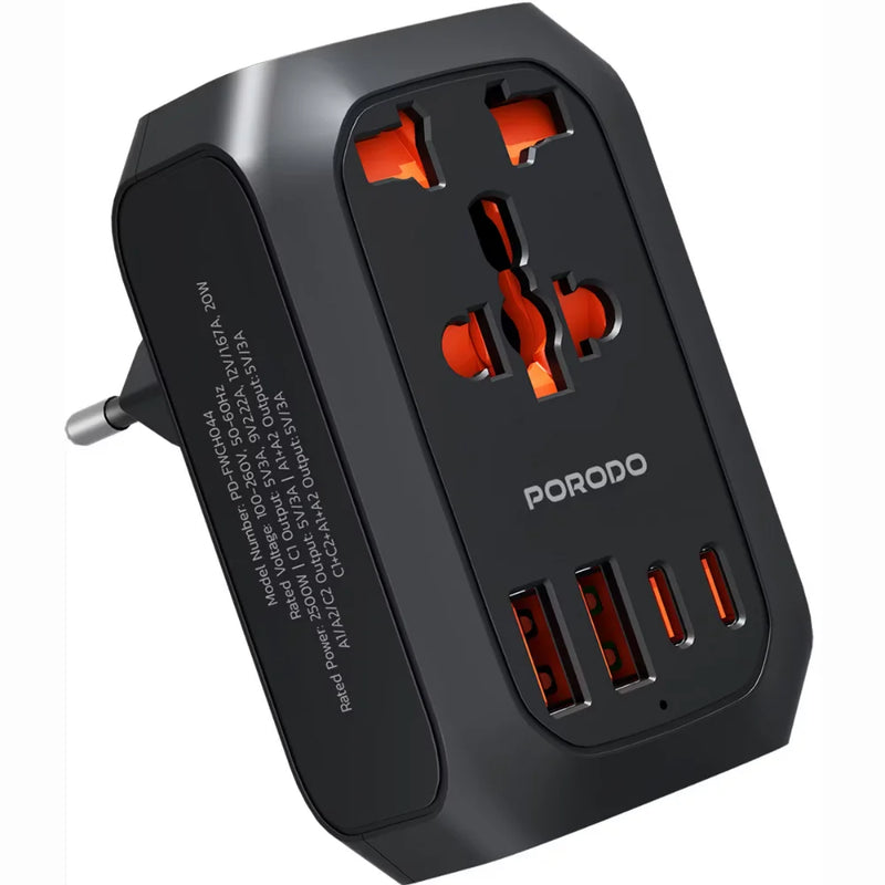 Porodo Universal AC Adapter EU Plug, 2500W Power, 20W USB-C Fast Charging, 4-Port Multi-Device Charging, Black-6