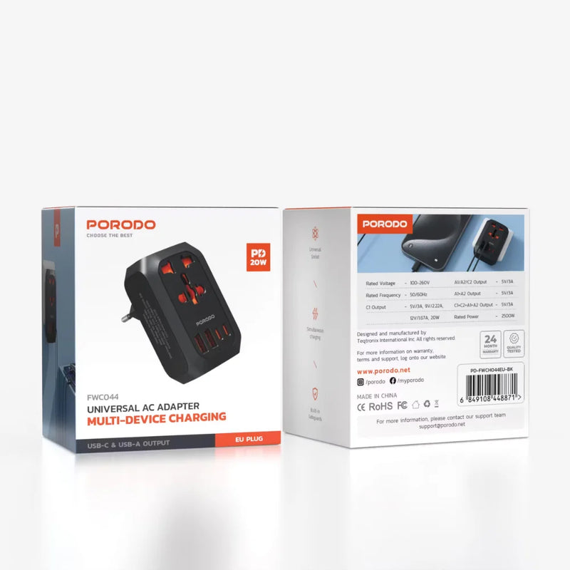 Porodo Universal AC Adapter EU Plug, 2500W Power, 20W USB-C Fast Charging, 4-Port Multi-Device Charging, Black-8