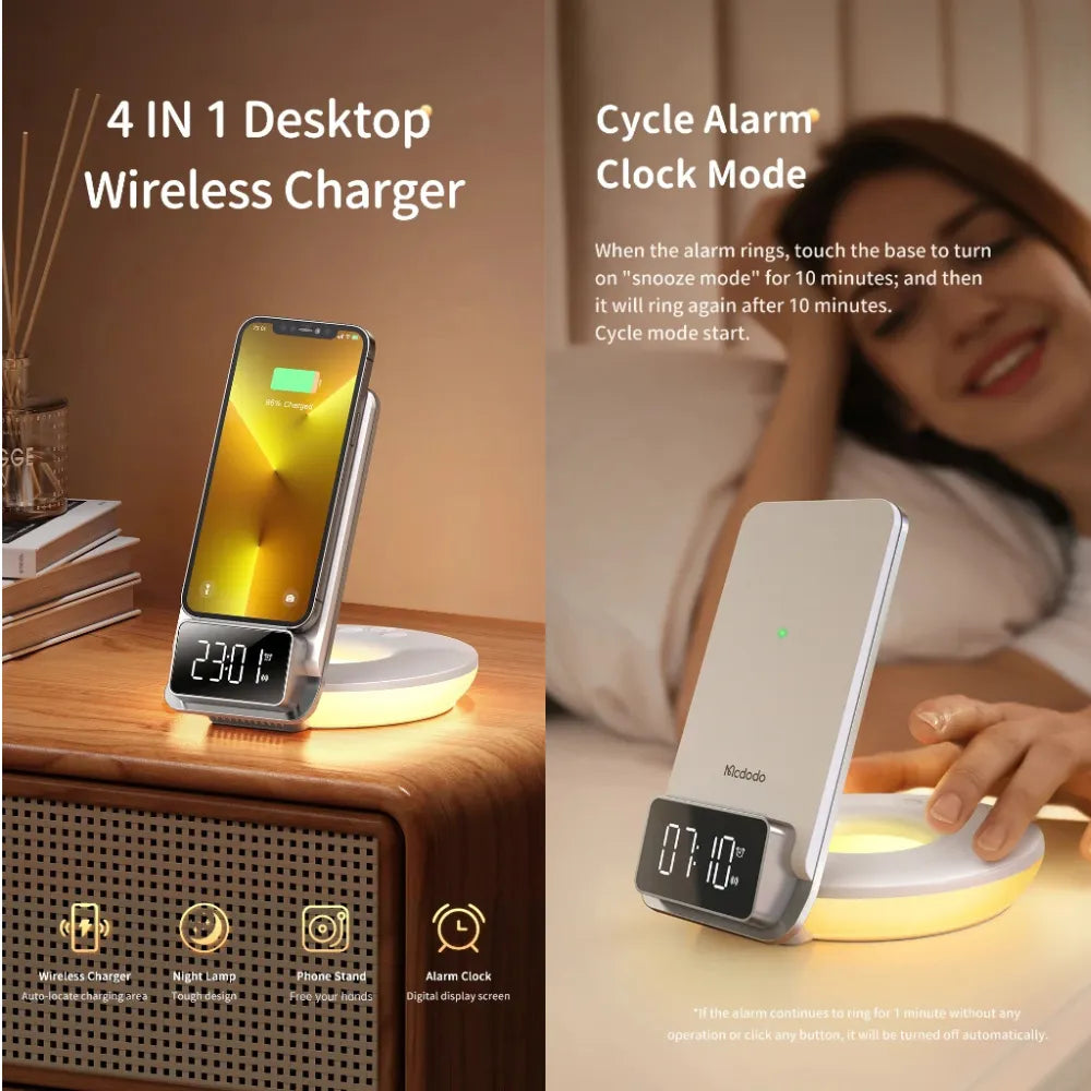 MCDODO MG Series 15W Fast Wireless Charger with Time Display & Alarm – White
