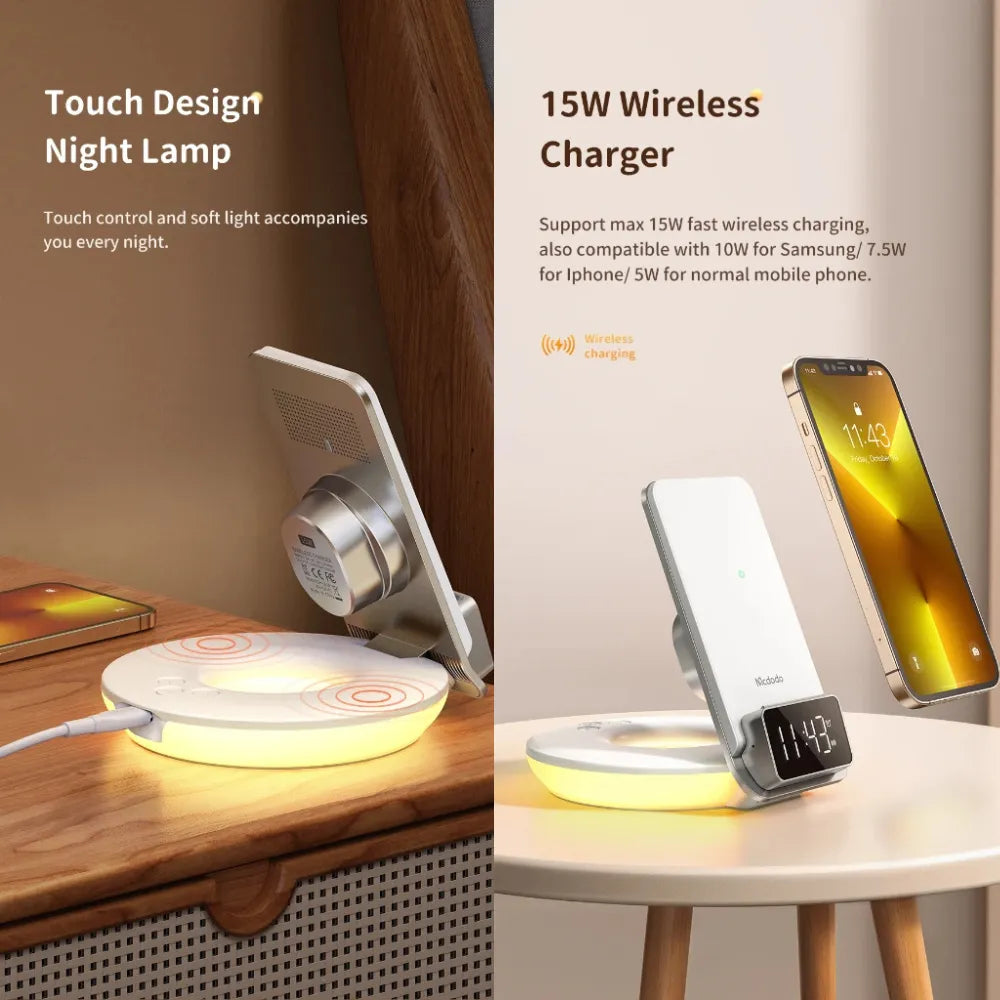 MCDODO MG Series 15W Fast Wireless Charger with Time Display & Alarm – White