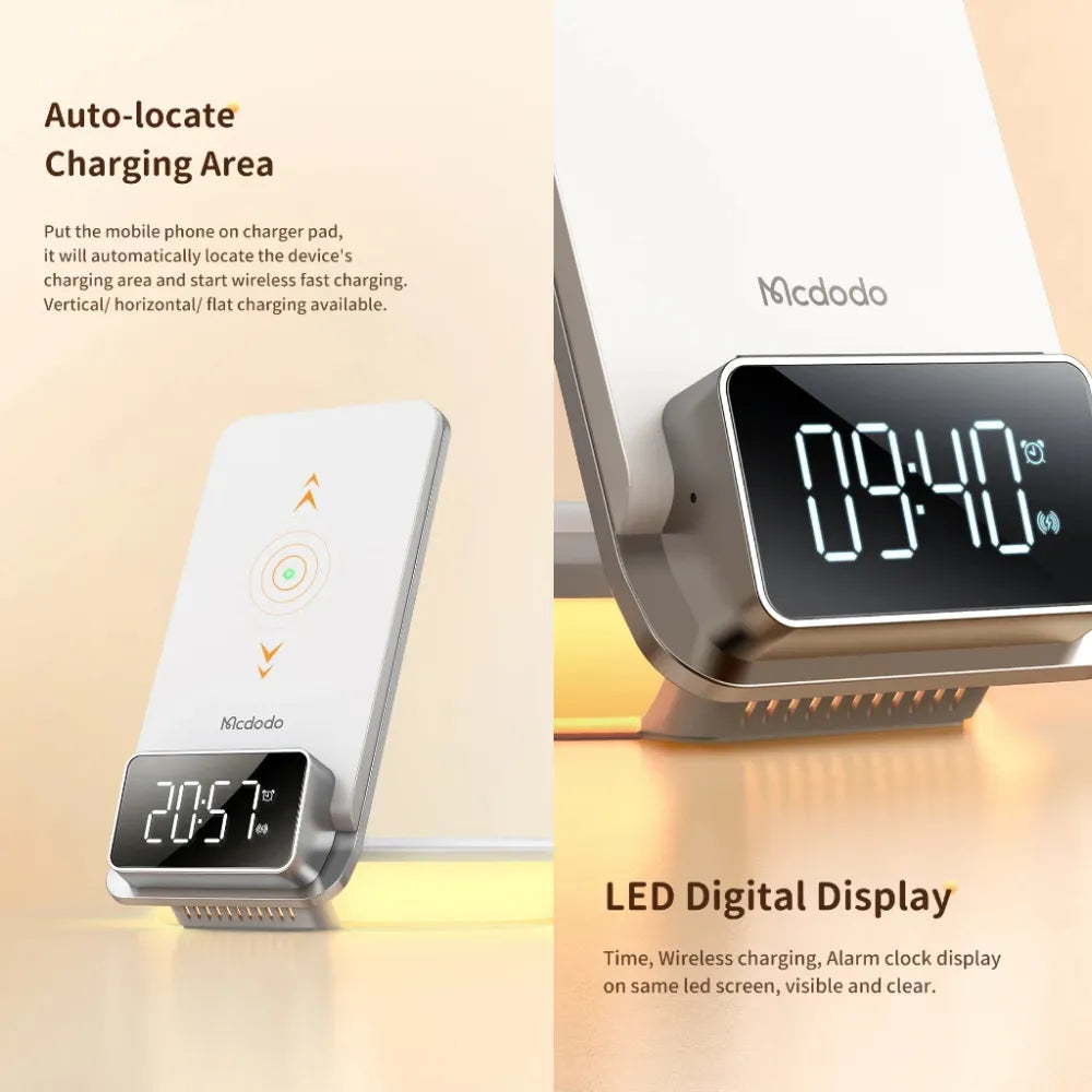 MCDODO MG Series 15W Fast Wireless Charger with Time Display & Alarm – White