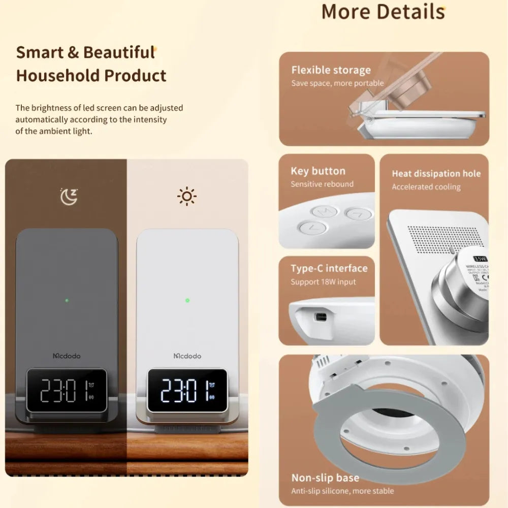 MCDODO MG Series 15W Fast Wireless Charger with Time Display & Alarm – White