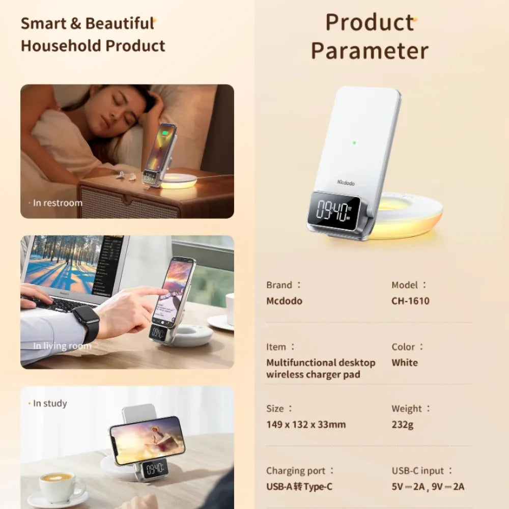 MCDODO MG Series 15W Fast Wireless Charger with Time Display & Alarm – White
