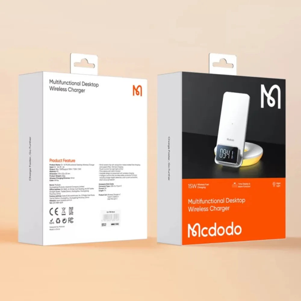 MCDODO MG Series 15W Fast Wireless Charger with Time Display & Alarm – White