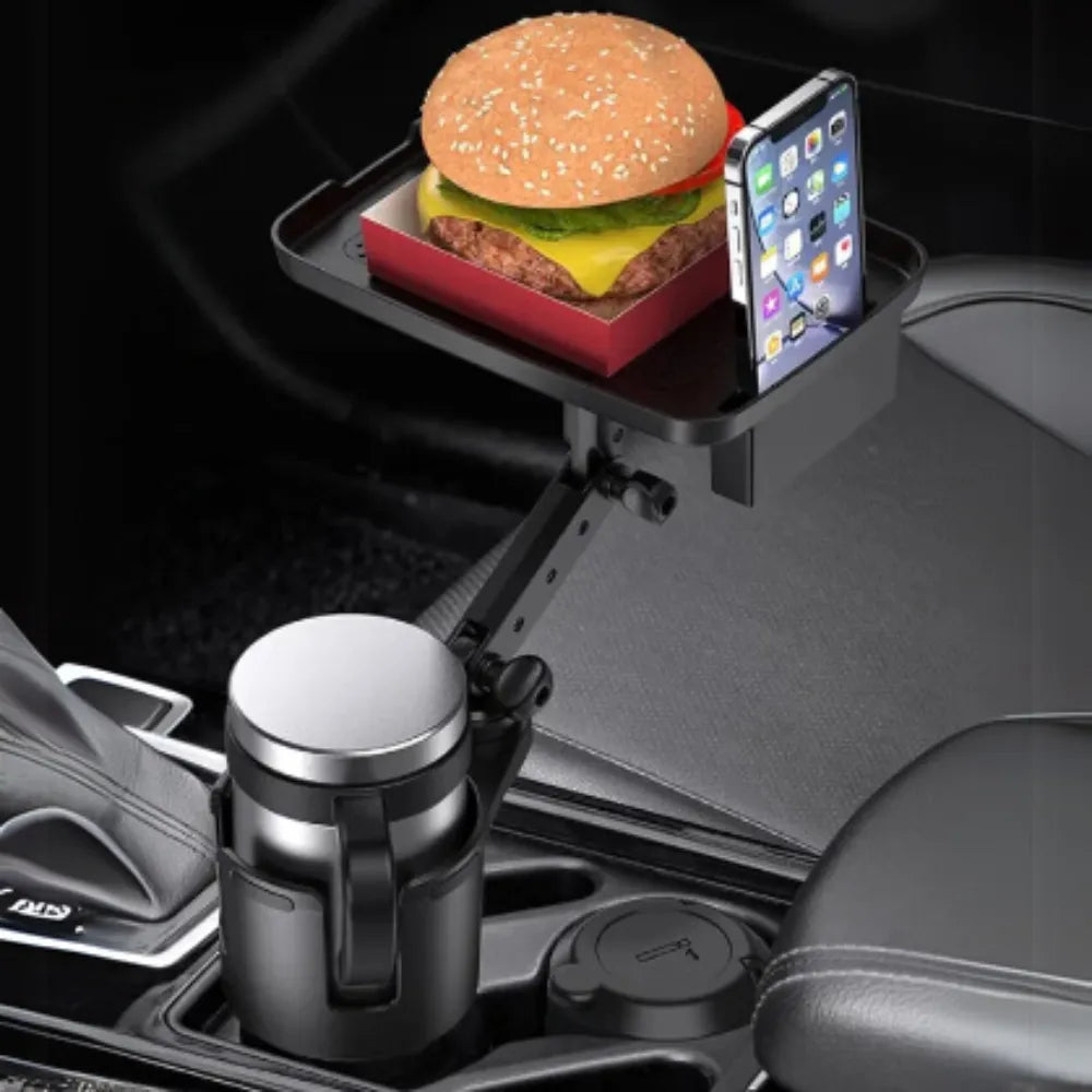 Car Cup Holder Expander & Tray, 2-in-1 Adjustable 360° Rotating Food Tray with Phone Slot, Fits 2.6"-4" Cups, Universal Fit for Most Vehicles – Black