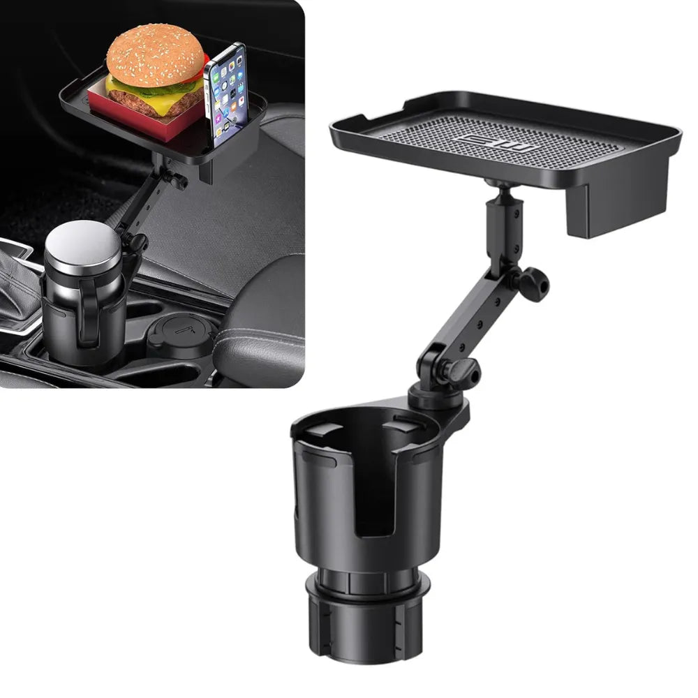Car Cup Holder Expander & Tray, 2-in-1 Adjustable 360° Rotating Food Tray with Phone Slot, Fits 2.6"-4" Cups, Universal Fit for Most Vehicles – Black