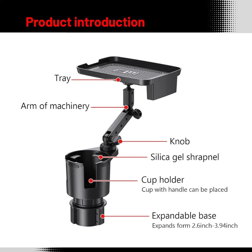 Car Cup Holder Expander & Tray, 2-in-1 Adjustable 360° Rotating Food Tray with Phone Slot, Fits 2.6"-4" Cups, Universal Fit for Most Vehicles – Black