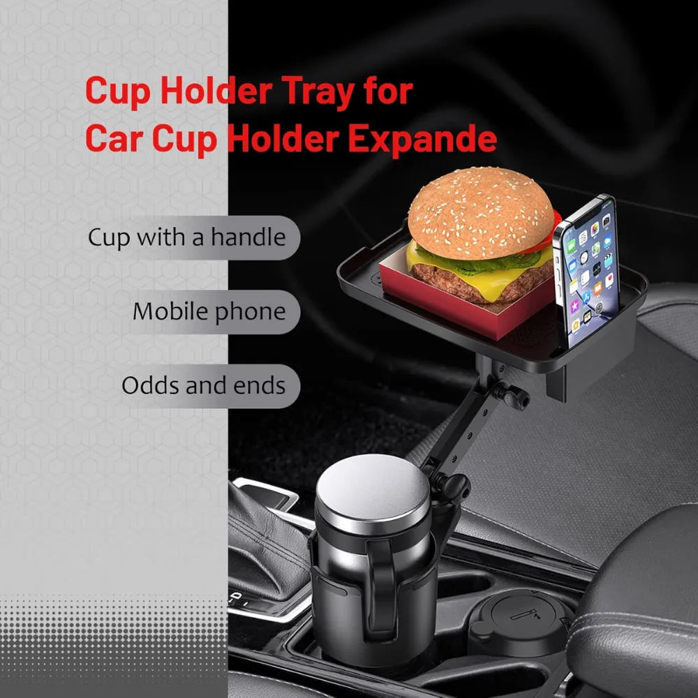Car Cup Holder Expander & Tray, 2-in-1 Adjustable 360° Rotating Food Tray with Phone Slot, Fits 2.6"-4" Cups, Universal Fit for Most Vehicles – Black
