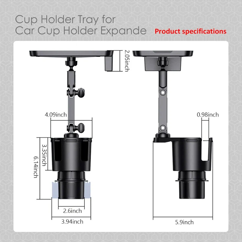 Car Cup Holder Expander & Tray, 2-in-1 Adjustable 360° Rotating Food Tray with Phone Slot, Fits 2.6"-4" Cups, Universal Fit for Most Vehicles – Black