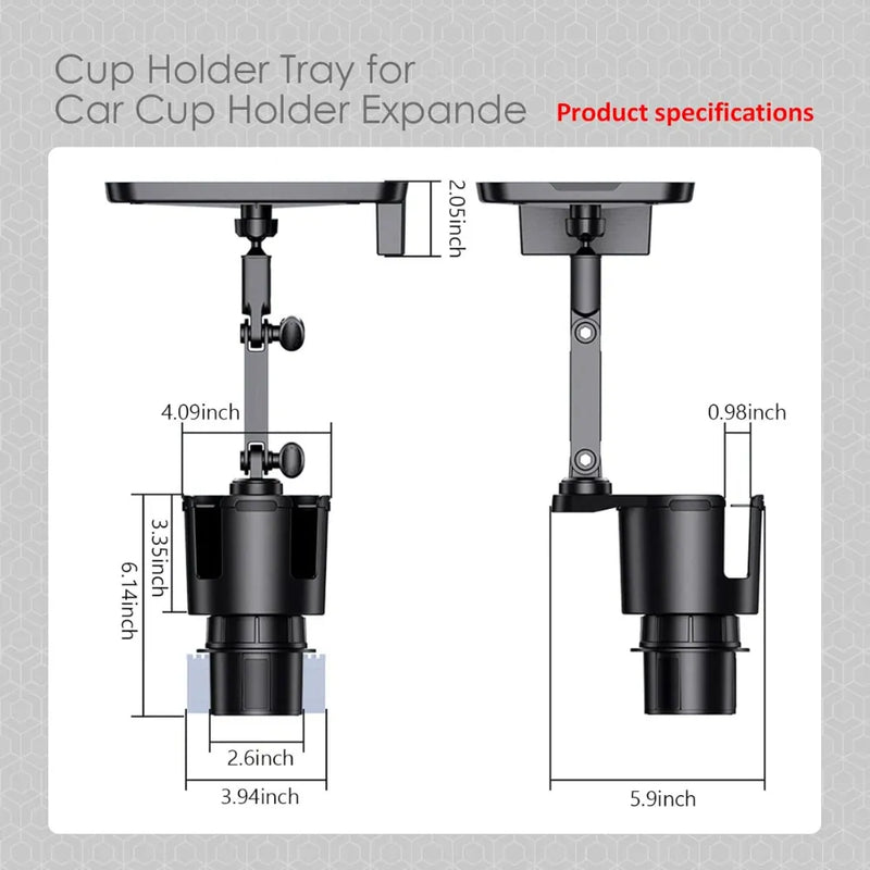 Car Cup Holder Expander & Tray, 2-in-1 Adjustable 360° Rotating Food Tray with Phone Slot, Fits 2.6"-4" Cups, Universal Fit for Most Vehicles – Black