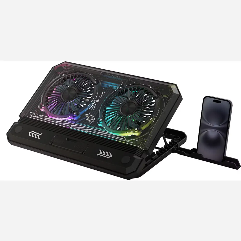 Porodo Gaming Crystal Shell Laptop Cooling Pad – Dual 140mm Fans, USB-A/C, Adjustable Height, for 10"-17" Laptops – Black