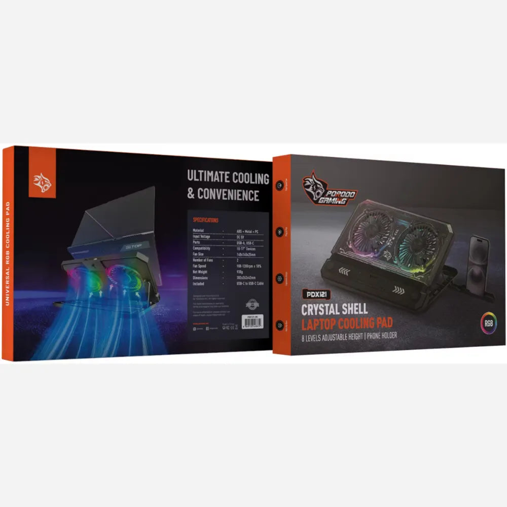 Porodo Gaming Crystal Shell Laptop Cooling Pad – Dual 140mm Fans, USB-A/C, Adjustable Height, for 10"-17" Laptops – Black