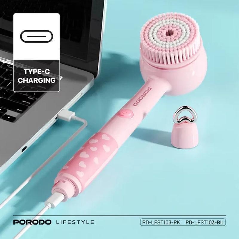 Porodo Lifestyle Kids Electric Bath Brush Type-C Charging 2 Levels Speed Soft Silicone & Loofah Cleanser - Pink