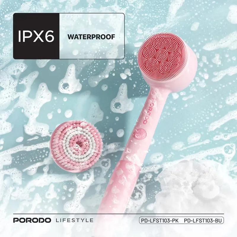 Porodo Lifestyle Kids Electric Bath Brush Type-C Charging 2 Levels Speed Soft Silicone & Loofah Cleanser - Pink
