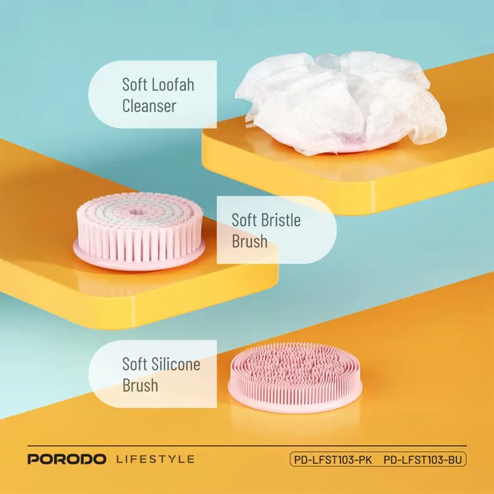 Porodo Lifestyle Kids Electric Bath Brush Type-C Charging 2 Levels Speed Soft Silicone & Loofah Cleanser - Pink