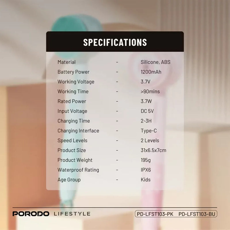 Porodo Lifestyle Kids Electric Bath Brush Type-C Charging 2 Levels Speed Soft Silicone & Loofah Cleanser - Pink