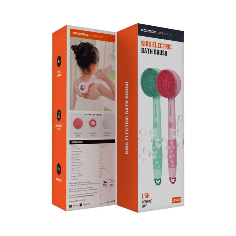 Porodo Lifestyle Kids Electric Bath Brush Type-C Charging 2 Levels Speed Soft Silicone & Loofah Cleanser - Pink