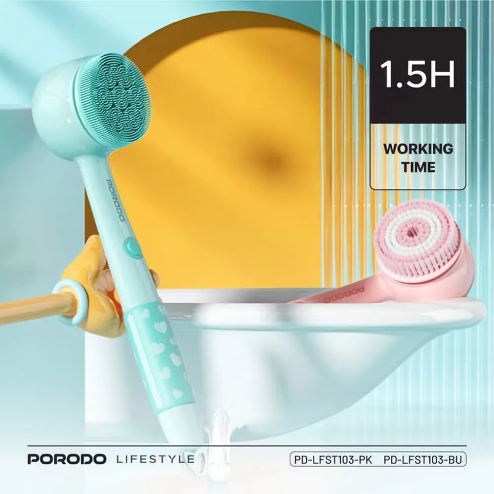 Porodo Lifestyle Kids Electric Bath Brush Type-C Charging 2 Levels Speed Soft Silicone & Loofah Cleanser - Blue