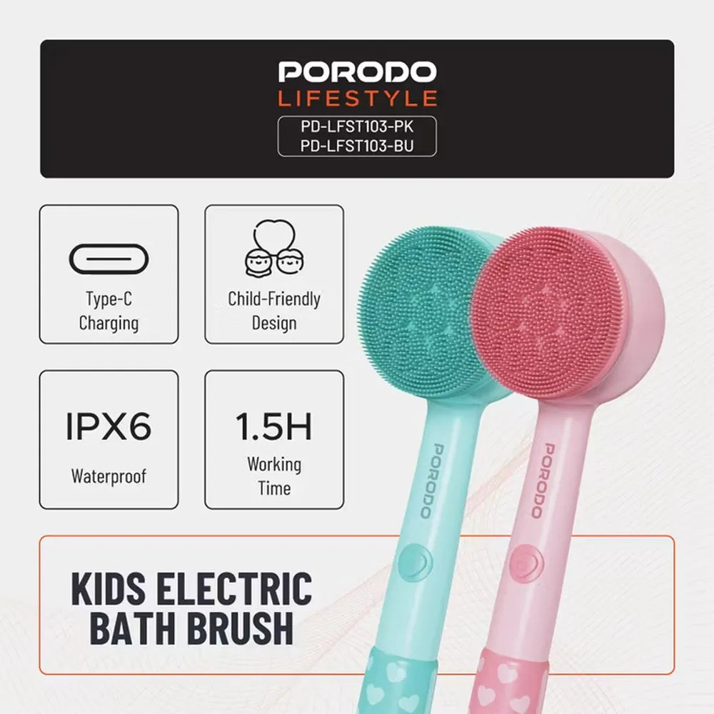Porodo Lifestyle Kids Electric Bath Brush Type-C Charging 2 Levels Speed Soft Silicone & Loofah Cleanser - Blue