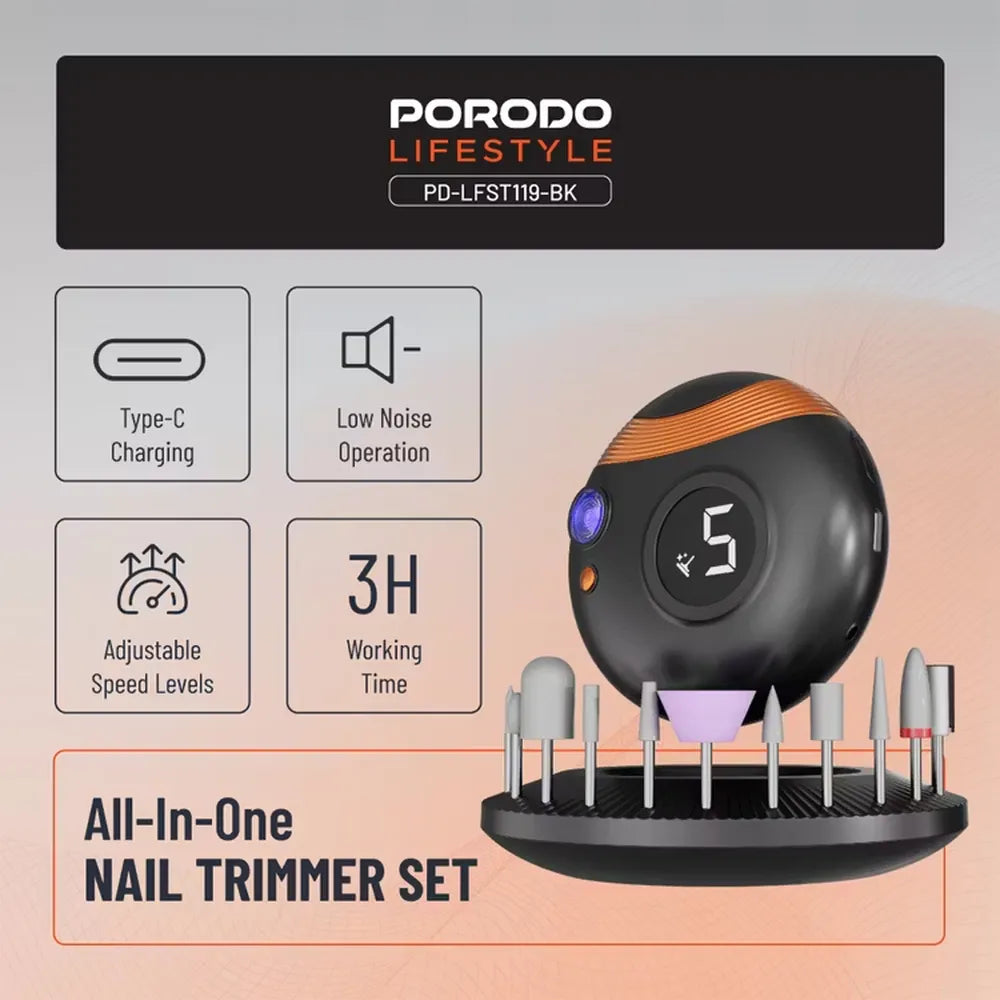 Porodo Lifestyle All-In-One Nail Trimmer Set 400mAh Type-C Charging – Black